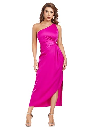 Image of Women's One Shoulder Satin Silk Backless Split Wrap Hem Twist Ruched Summer Party Cocktail Midi Dress