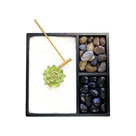 Nature's Mark Mini Zen Garden Kit for Desk with Rake, White Sand, Lotus Figure, 3 Sections Black Square Base, River Rocks and Black Rocks (9Lx9W C) Cover