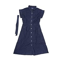 Allegra K Denim Dress for Women's Casual Button Down Short Sleeves Belted Midi Dress Black Blue Medium