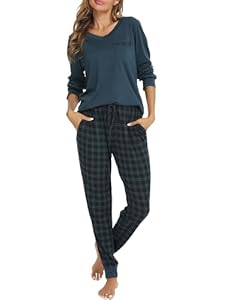 Vlazom Damen Schlafanzug Lang Zweiteiliger Schlafanzug Winter Pyjama Set V-Ausschnitt Langarm Pyjama Set(M,Grün)