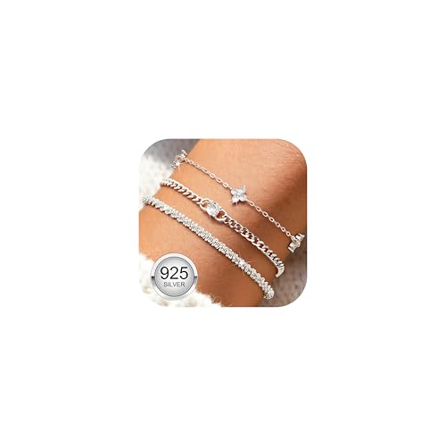 Adramata 3 Pcs Armband Damen Silber 925 Stapelbar Armbänder Set Verstellbare Armkette Schlangenkette Armbänder für Frauen Damen Silber Armband Schmuck mit Geschenkbox