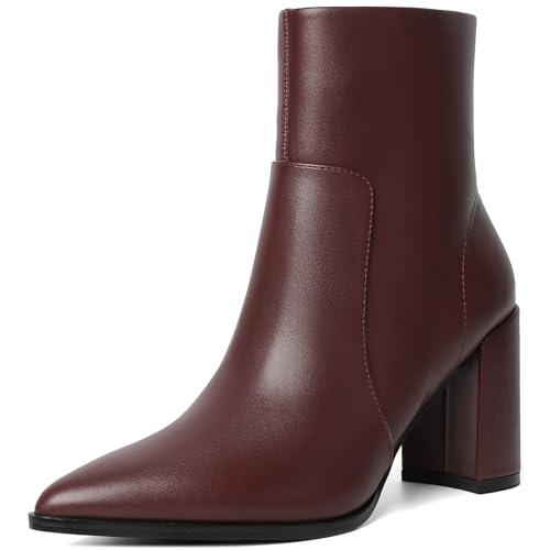 Image of Susanny Burgundy Red Chunky High Heel Warm Boots for Women Ankle Slip On Heeled Boot Mid Calf Chelsea Booties Leather Dress Work Hiking Snow Shoes 11.5