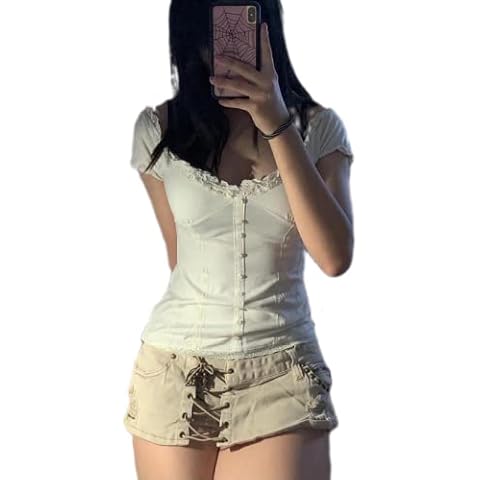 LVBJ Fairy Shirt for Women Long Sleeve Vintage Print Crop Top Crewneck Slim Blouse Tee Grunge Aesthetic Shirts Tops (White B, S) Cover