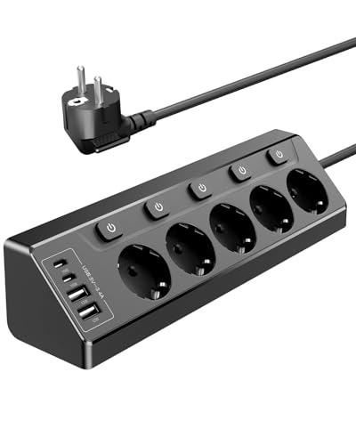 Vipwell Prise Plan de Travail Cuisine, Multiprises avec 2 Ports USB A et 2 Ports USB C, Multiprise 5 Prises avec Interrupteur, Rallonge Électrique 2m pour Meuble, Canapé, Bureau, Table