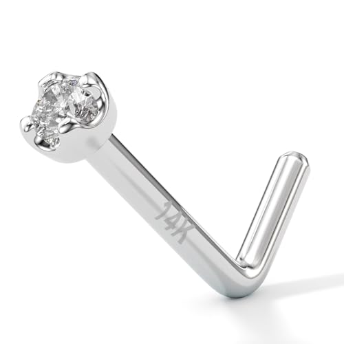 Body Candy 14k Solid Gold Nose Ring Studs -2mm Lab Created Diamond L-Shape 18 Gauge Real White Gold Nose Ring Piercing Jewelry - 14 K Gold Nose Stud Nose Piercings Gold Nose Studs for Women Men