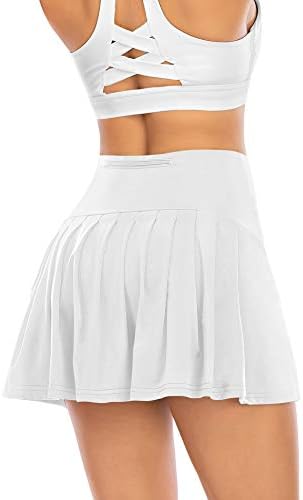 Athletic Pleated Tennis Skirts for Women with Shorts Pockets High Waisted Running Workout Golf Skorts (White, X-Small)