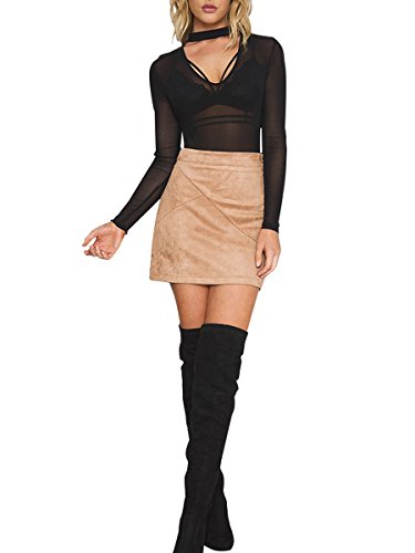 Simplee Women's High Waist Faux Suede Mini Bodycon Skirt4