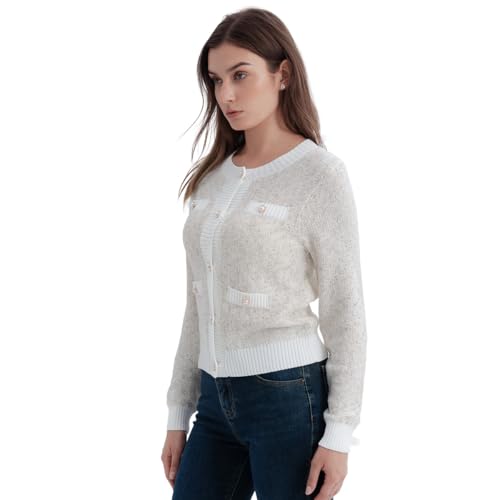 Image of URBAN REVIVO Women's Cardigan Sweaters Open Front Pearl Button Down Long Sleeve Casual Lightweight Knit Trendy Fall Outfits