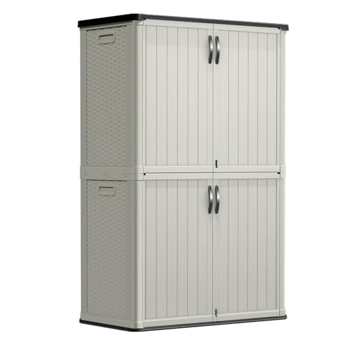 Image of Greesum Outdoor Storage Shed Without Divider, 50 cu.ft Outdoor Waterproof Storage Cabinet for Garden Tools, Garbage Cans, Pool Storage, Beige