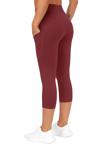 Image of THE GYM PEOPLE Thick High Waist Capris Yoga Pants with Pockets, Tummy Control Workout Running Yoga Leggings for Women