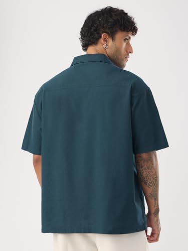 Image of The Souled Store Beach Vibes Men and Boys Short Sleeve Cuban Collar Button Front Blue Embellished Cotton Linen Oversized Shirt