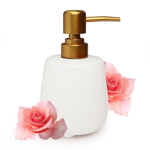 YTDTKJ 320ml/10.8oz Ceramic Soap Dispenser with Gold Pump | Elegant Refillable Liquid & Lotion Bottle for Bathroom & Kitchen Sink | Cute Round Foot Design (White)