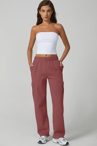 Image of QINSEN Baggy Medium Waist Elastic Sweatpants for Womens Casual Long Fleece Cargo Pants with Pockets