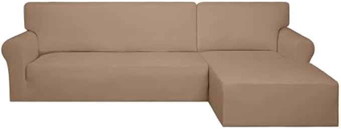 PureFit Super Stretch Sectional Couch Covers - 2 pcs Spandex Non Slip Sofa Covers with Elastic Bottom for L Shape Sectional Sofa Couch, Great for Kids & Pets (3 Seat Sofa + 2 Seat Chaise, Camel)