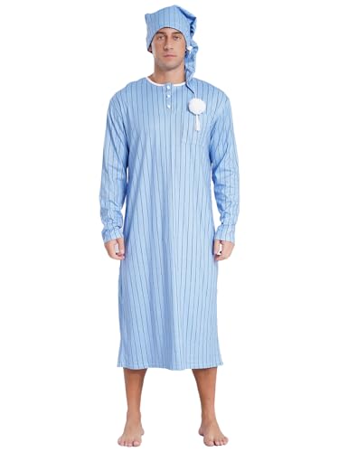 Men's Striped Loose Sleepwear Long Sleeve Nightshirt Night Pajama Set with Sleeping Cap
