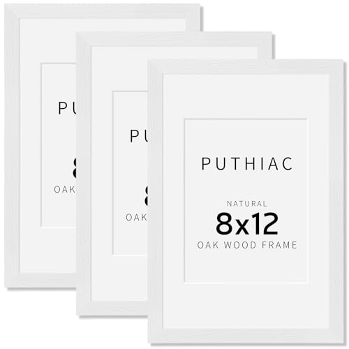 puthiac 8x12 Solid Oak Wood Picture Frames, White, 3 Pack