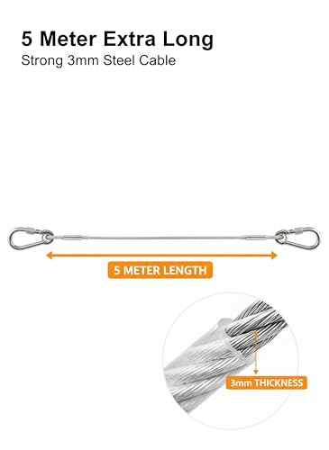 Image of Heavy Duty Stainless Steel Clothesline 5 Meter with Locking Carabiner Hooks, Rust Proof Portable Drying Wire for Balcony, Bathroom, Indoor Outdoor Laundry, Travel & Camping Space Saving Clothes Line