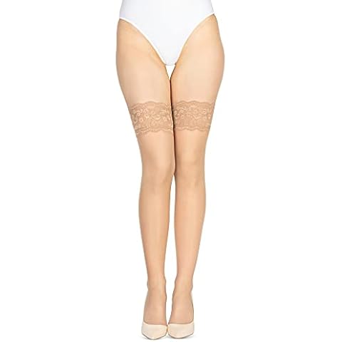 High Thigh Stockings Sheer Hold Ups by looksy High Boot Over Knee Sexy Thigh with Lace Beige Socks for Woman Cosplay 40 Denier Size XL Cover