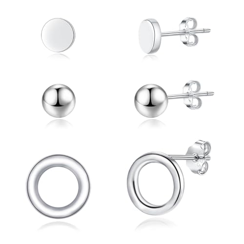 Loutade Pendientes de plata 925, 3 pares de pendientes de plata de ley 925 para mujer, pendientes hipoalergénicos de plata 925, pendientes para varios orificios (círculo, bola, disco), regalos para
