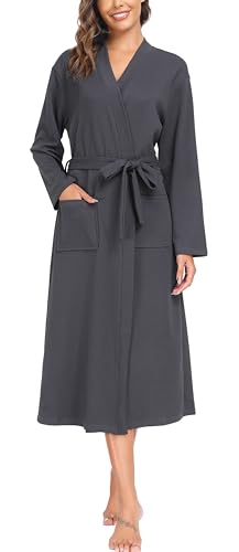 Sopesil Women Dressing Gown Waffle Full-Length Robe Lightweight Luxury Bathrobes Soft Loungewear Sleepwear Spa and Hotel for All Year Dark Grey,L