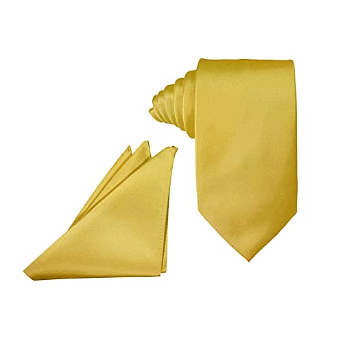 Oliver George Men's Solid Formal NeckTie Pocket Square Handkerchief Set For Suit Tuxedo Prom Wedding Gold