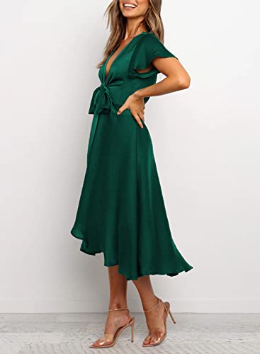 Image of miduo Womens Satin V Neck Ruffle Short Sleeve Tie Front High Waist Midi A-Line Maxi Dresses