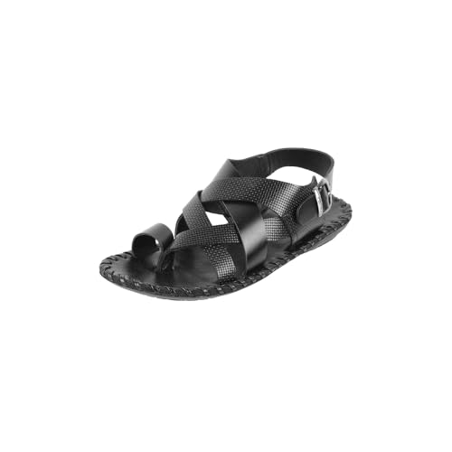 Image of Metro Men Black Cross Strap Textured Leather Cushioned Casual Sandals UK/11 EU/45 (18-767)