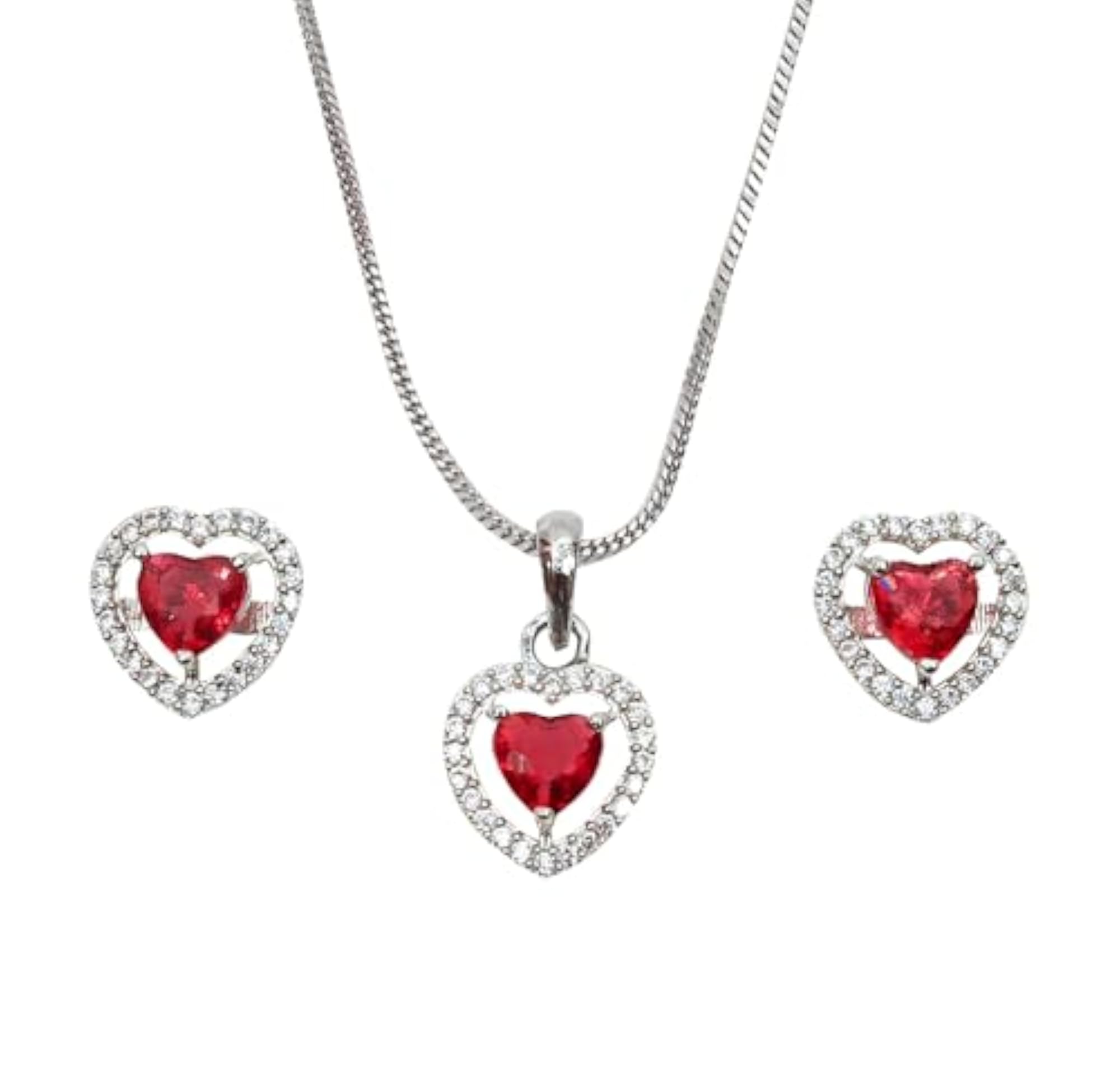 Heart-Shaped Ruby Red Dainty Pendant Set with CZ