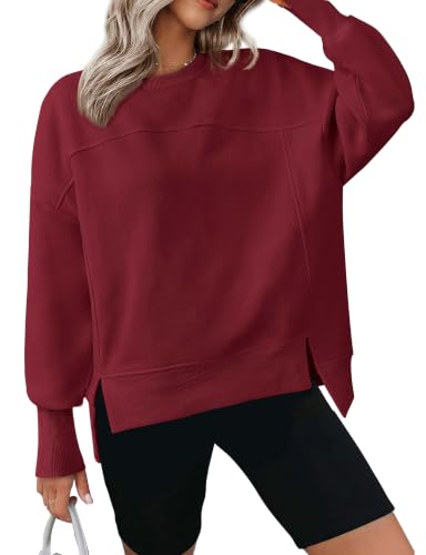 BTFBM Women's Casual Crewneck Sweatshirts Long Sleeve Side Slit Workout Fleece Pullover Top 2026 Fall Fashion Clothing(Burgundy, Large)