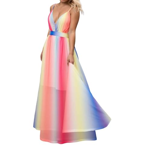 Vestido de verano para mujer boho maxi arco iris con cuello en V profundo elegante de tul