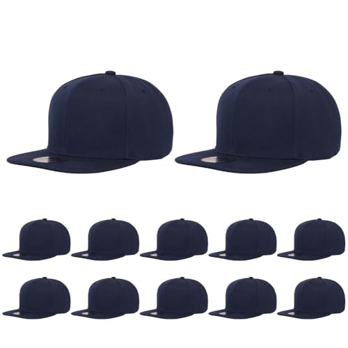 ZH Plain Flat Brim Snapback Baseball Caps Adjustable Blank Baseball Caps Wholesale 12 Pack Navy Blue