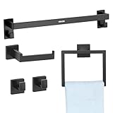 VEVOR Badezimmer Hardware Zubehör Set aus Edelstahl (5-TLG.) inkl. Handtuchstange & Handtuchhalter (quadratischer Ring) & 2 Haken & Toilettenpapierhalter, für Badezimmer, Wandmontage Schwarz