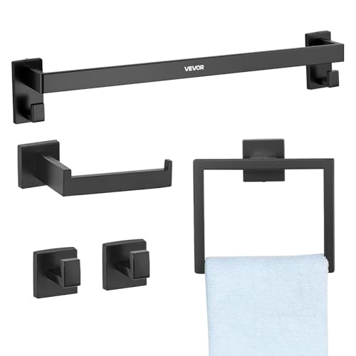 VEVOR Badezimmer Hardware Zubehör Set aus Edelstahl (5-TLG.) inkl. Handtuchstange & Handtuchhalter (quadratischer Ring) & 2 Haken & Toilettenpapierhalter, für Badezimmer, Wandmontage Schwarz
