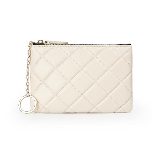 DORIS&JACKY Soft Lambskin Leather Coin Purse Small Quilted RFID Blocking Top Zipper Wallet With Key Chain, Cream, Style-1