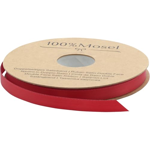 100%Mosel Satin ribbon, in red (10 mm x 25 m), matt shiny gift ribbon, elegant ribbon for decorating and crafting, for wrapping special gifts, for Advent, Christmas and much more.