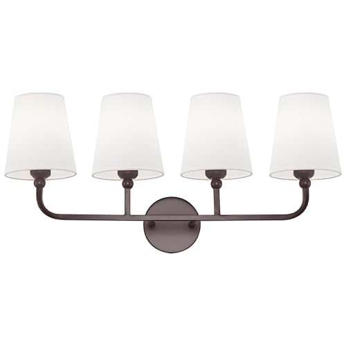 Image of Bathroom Light Fixtures, 4 Light Oil Rubbed Bronze Vanity Lights with Flared White Fabric Shade, 28 Inch Wall Sconce, Vintage Sconces Wall Lighting for Hallway Bedroom, VL837-ORB-4