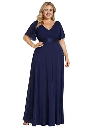 Image of Ever-Pretty Plus Women's V Neck Mother of The Bride Dress Chiffon A Line Maxi Plus Size Evening Dress with Sleeves 09890-DAPH