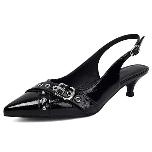 Women's Slingback Heels Pointed Toe Studded Low Kitten Heel Pumps Dress Shoes