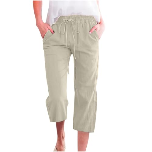 Capri Pants for Women Casual 2025 Summer Drawstring Elastic High Waist Linen Pants Comfy Loose Wide Leg Capris2