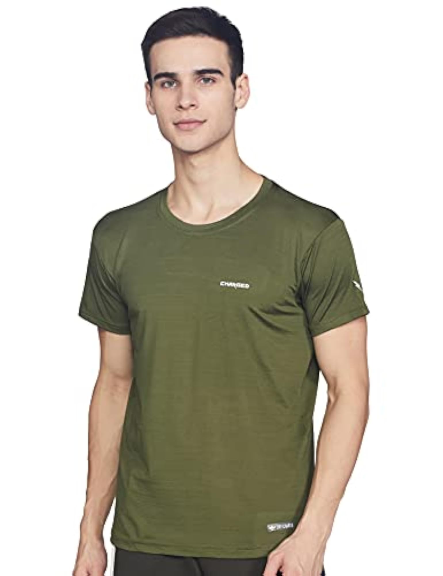 Chameleon Spandex Knit Round Neck Sports T-Shirt, Olive, Size Large