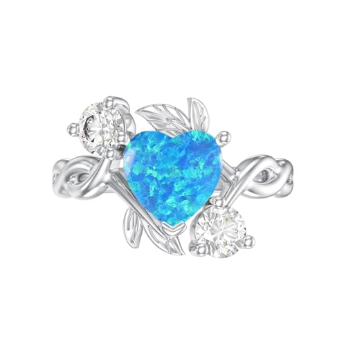 Image of 0.3 Carat Moissanite and White Opal /Blue Opal /Black Opal Engagement Ring 925 Sterling Silver 8-9 MM Heart /Round /Oval Cut Opal Moissanite Ring for Women Size 5-13