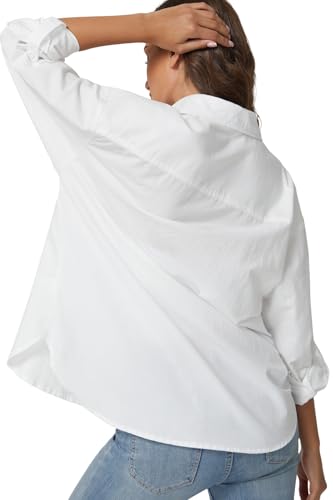 QINSEN Oversized Button Down Shirts for Women Long Sleeve Striped Casual Blouse Cotton Tops2