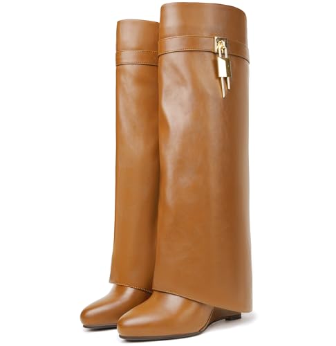 Image of Fold Over Boots for Women Pointy Pull-on Wedge Heel Knee Shark Boot With Side Zipper Padlock Design