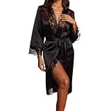 Zidoley Bademantel Damen Satin, Morgenmantel Damen Lang, Bademäntel Kimono Aus Spitze, Morgenmantel Damen Leicht Für Braut Team Bride Hochzeit Party, Hausmantel Schwarz Mit Gürtel (M)