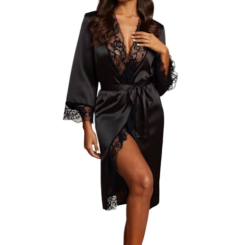 Zidoley Satin Dressing Gown For Women, Long Satin Robe Women, Lace Trim Bride Robe, Bridal Silk Kimono Dressing Gowns, Ladies House Coat Lightweight, Black Women's Robes (M)