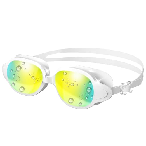 Schwimmbrille, Anti-Beschlag und UV-Schutz Schwimmbrillen, Wasserdicht Ultraviolett-Schutzlinsen, Breites und klares Sichtfeld, Komfortabel Einstellbar, Unisex für Erwachsene - Weißer Polarisiert