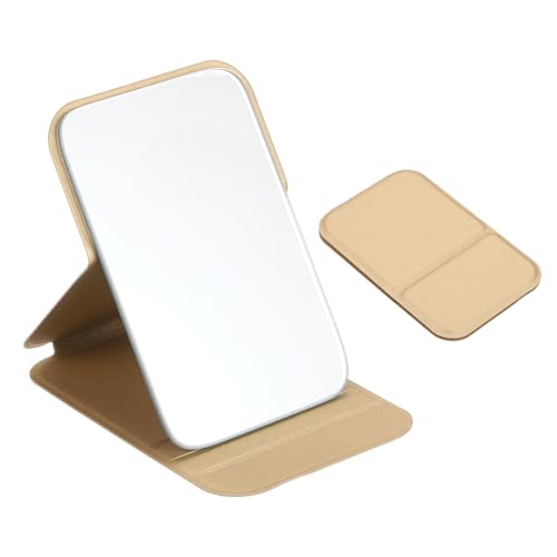 QUARKZMAN 2PCS Espejo Plegable Mini De 4.3', Espejo De Maquillaje Pequeño Portátil con Soporte Ajustable, Espejos De Mano De Cuero PU para Mujeres Viajes Hogar Bolsillos (Oro)