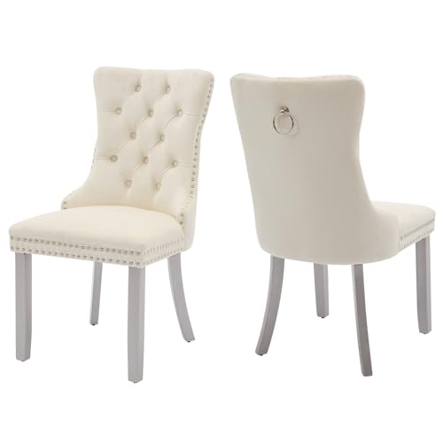 MZDOO Velvet Dining Chairs Set of 2, High-end Tufted Upholstered Dining Chair with Back Ring Pull, Nailhead Trim and Silver Solid Wood Legs, Modern Dining Room Chairs for Dining Room, Cream