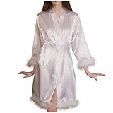 Women's Feather Fur Robe Silk Satin Wedding Bridal Robes Short Dressing Gown Sexy Bathrobe Nightgown Sleepwear White