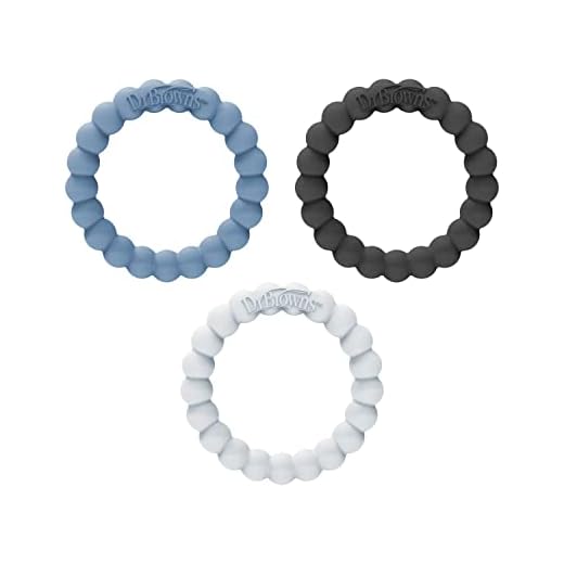 Dr. Brown's Flexees Beaded Teether Rings, 100% Silicone, Soft & Easy to Hold, Encourages Self-Soothe, 3 Pack, Blue, Light Blue, Black, BPA Free, 3m+
